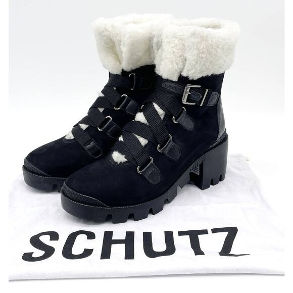 NEW Schutz Womens 6 Aretuza Black Suede & Shearling Combat Boots Waterproof - Picture 1 of 10